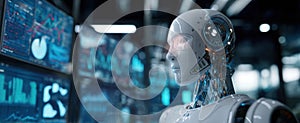 The advanced robot analyzing data in a high-tech environment.AI generated image