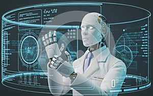 Advanced robot analyzing data isolated on transparent background