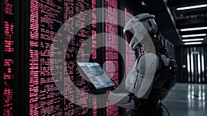 Advanced Robot Analyzing Data in a Modern Server Room