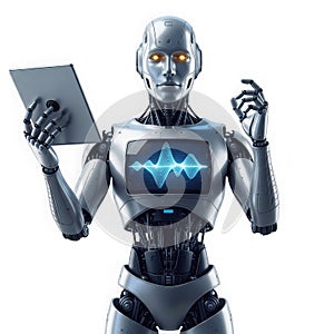 Advanced robot analyzing data on tablet isolated on white background