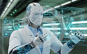 Advanced robot analyzing data isolated on transparent background