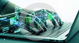 Advanced robot hands typing on a laptop representing artificial intelligence and future technology