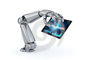 Advanced robot interacting with digital interface isolated on white background