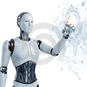 Advanced robot interacting with digital interface, isolated on white background