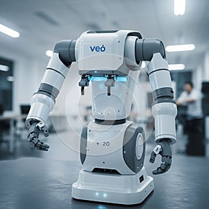 Advanced robot in a modern office environment. The robot features a white and gray