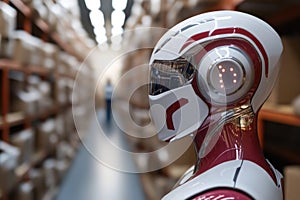 Advanced robot in modern warehouse corridor with shelving units