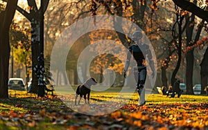 An advanced robot walks a small, shaggy dog down a leaf-strewn path, highlighted by the sunset& x27;s radiance filtering