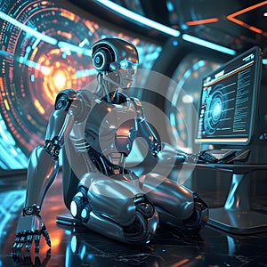 Advanced robot working on futuristic computer system