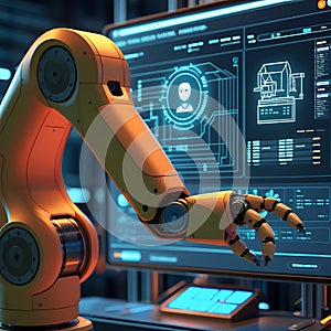 Advanced robotic arm interacting with futuristic digital interface on a large screen