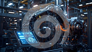 Advanced robotic arm interacts with a digital interface in a futuristic