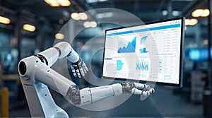 Advanced Robotic Arm Interacts with Futuristic Interface