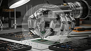 Robotic arm meticulously assembles electronic circuit board with precision tools