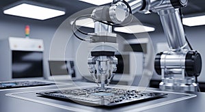 Advanced robotic arm precisely assembling intricate electronic components on a circuit board