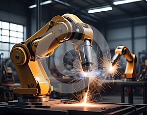 Advanced robotic arm welding metal frames in a high-tech workshop