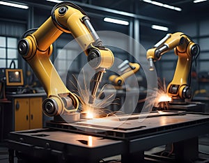Advanced robotic arm welding metal frames in a high-tech workshop