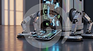 Advanced robotic arms assembling complex electronics in a futuristic manufacturing facility