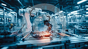 Advanced robotic arms assembling components in a futuristic high-tech factory, showcasing automation and precision