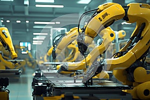 Advanced robotic arms assembling electronics in automated factory