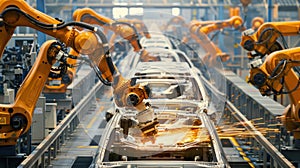 Advanced Robotic Arms Installing Infotainment Systems in Modern Automotive Assembly Line photo