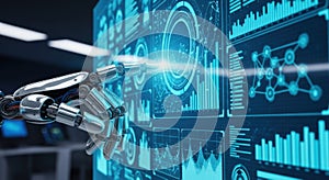 Advanced robotic hand interacting with a futuristic digital interface displaying complex data visualizations and analytics in a