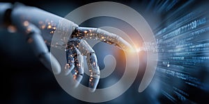 Advanced robotic hand interacting with glowing digital data streams and binary code