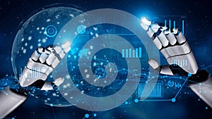 Advanced Robotic Hands Interacting with Digital Data Visualization and World Globe in Futuristic Technology Environment