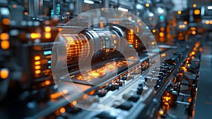 Advanced robotic workstation with holographic UI elements photo