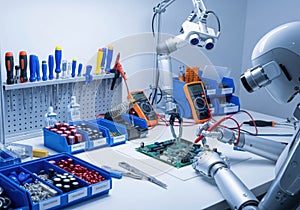 Advanced robotics and electronics workspace with tools and circuit boards