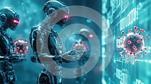 Robots actively neutralizing viruses in a futuristic lab environment. Generative AI