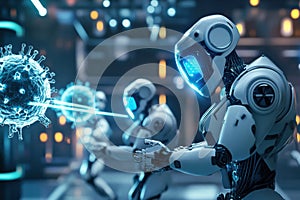 Robots neutralizing viruses in a high tech laboratory setting with advanced technology. Generative AI photo
