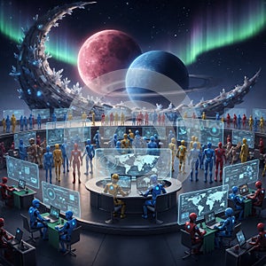 Advanced robots working together in a high-tech environment, surrounded by screens displaying various data and information.