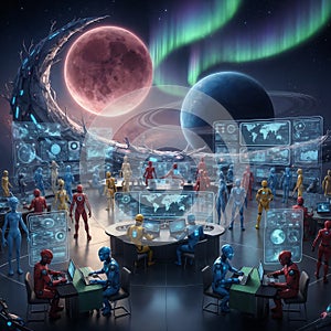 Advanced robots working together in a high-tech environment, surrounded by screens displaying various data and information.