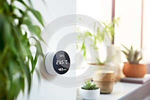 An advanced round thermostat climate control sensor on a wall provides a temperature, air quality and humidity reading. Smart home