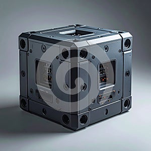 Advanced Sci-Fi Black Box Device on Gray Background