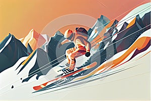 Advanced skier slides near mountain downhill. Sports descent on skis in mountains hills