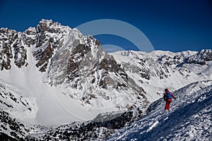 Advanced skiing off piste at the Courchevel ski resort in France.