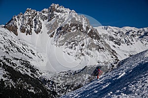 Advanced skiing off piste at the Courchevel ski resort in France.