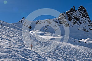 Advanced skiing at the off piste terrain at the Meribel Ski Resort in France.