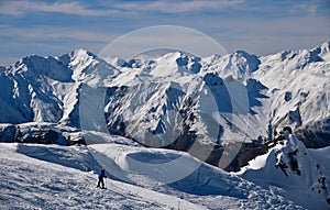 Advanced skiing at the off piste terrain at the Meribel Ski Resort in France.