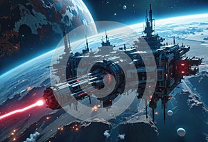 Advanced space station with futuristic design and red laser beam in orbit around a distant planet photo