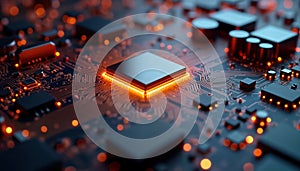 Advanced tech circuit board with glowing processor. Modern computing hardware. Digital connections. Macro view. Intricate circuit