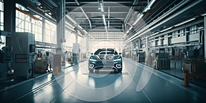 Advanced Technology and Automation in Modern Car Manufacturing. Interior of factory with assembly line for modern cars. Generative