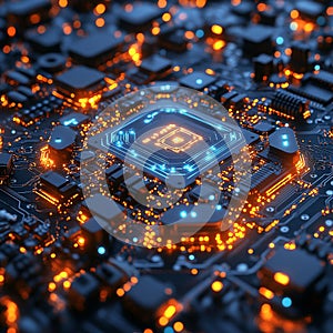 Advanced Technology Concept Visualization. US investment. Circuit Board CPU Processor Microchip Starting Artificial