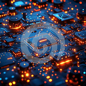 Advanced Technology Concept Visualization. US investment. Circuit Board CPU Processor Microchip Starting Artificial