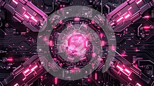 Advanced Technology Core: Futuristic Circuit Board With Pink Glow, AI Tech, Machine Learning, Data Processing, High Tech,