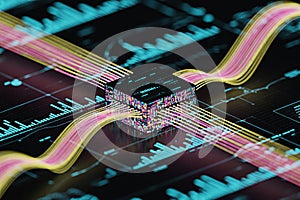 Advanced technology cpu processor chip with data flow and futuristic graph background design concept