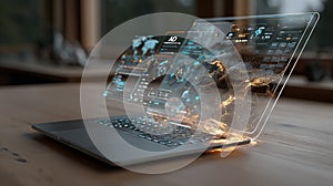 Advanced technology digital data visualization projected from laptop screen