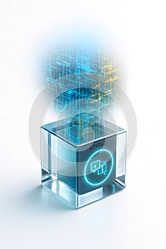 Advanced Technology Futuristic Cube Displaying Data and Holographic Information