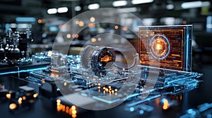 Advanced technology integration high-tech workspace digital display futuristic environment close-up view innovation concept