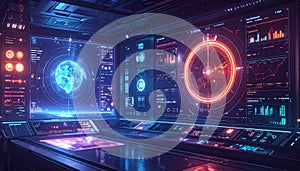 Futuristic Control Room with Global Data Visualization